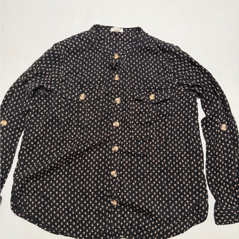 ana brand black ls button up shirt blouse, flower aop, women's large